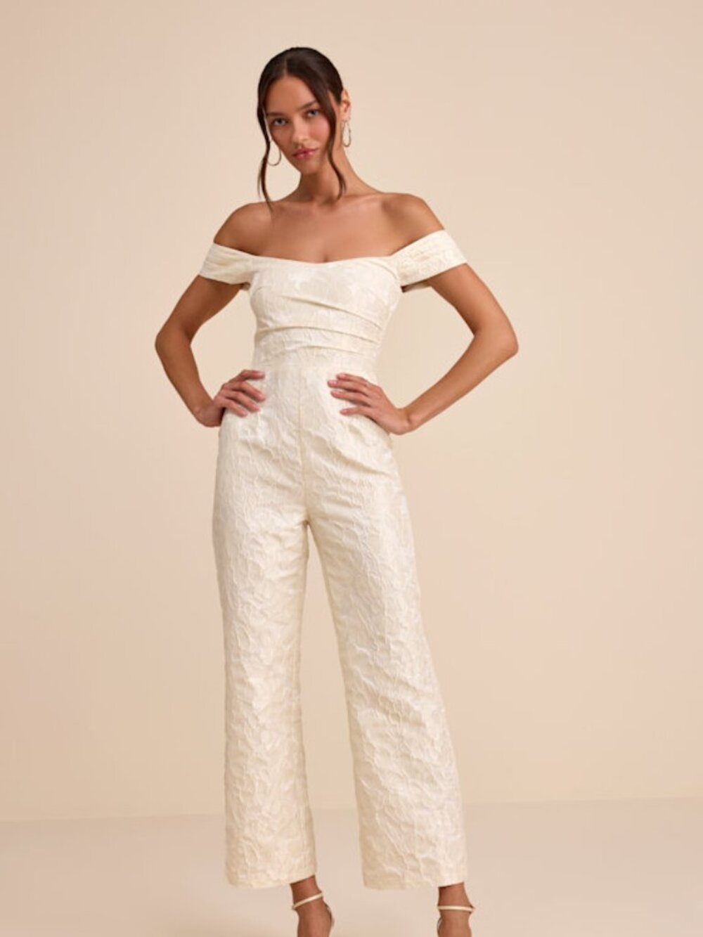 Lulus Jaz Ivory Floral Jacquard Off-the-shoulder Jumpsuit White - Size M